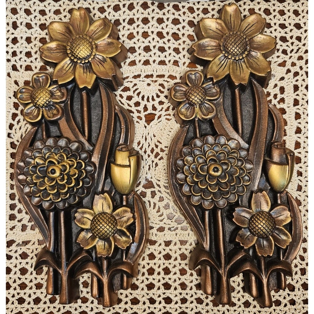 Vintage 1975 Floral Chalkware by Miller Studio Bronze Tone Wall Plaques (read)